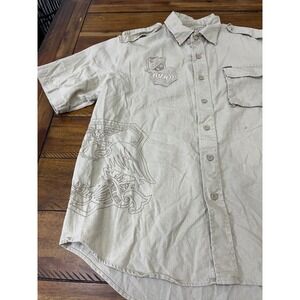 Avirex Button Down Shirt Mens Large Tan Good Linen Blend Military Embroidered